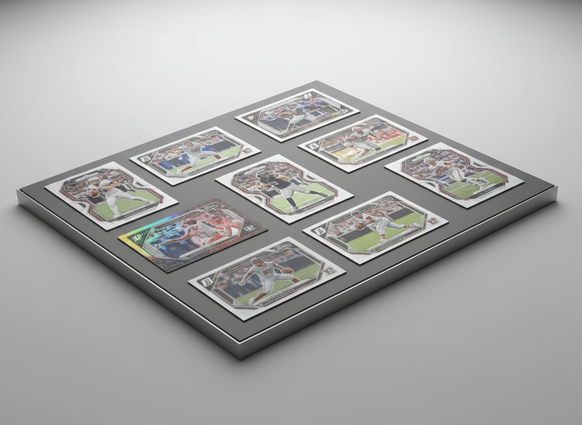 A meticulously arranged assortment of high-grade sports trading cards, including football, baseball, and basketball, displayed on a smooth, matte-grey surface with crisp, defined edges. Each card features sharp, vibrant print quality with glossy finishes, subtle texturing, and holographic accents. The background fades into a clean, neutral tone, with no clutter or distractions. Illuminated by soft, diffused studio lighting from above, creating gentle reflections and minimal shadows around the cards. The image is shot from a slightly elevated, wide-angle perspective, bringing focus to the cards’ pristine condition. The mood is professional and organized, exuding a corporate, premium feel that showcases the quality of the collection in a minimalist, photographic realism style.